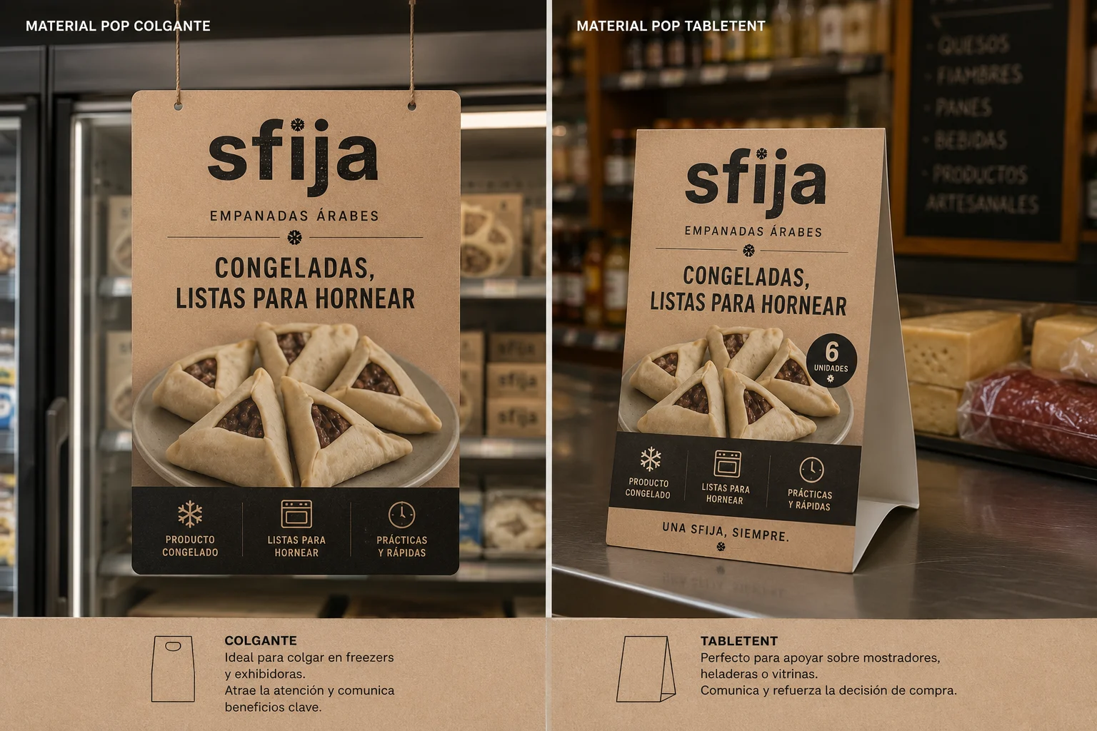 Material POP de sfija para comercios: colgante y tabletent para exhibir en el freezer