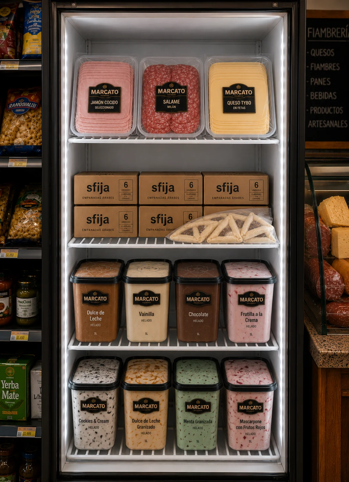 Cajas de sfija empanadas árabes congeladas exhibidas en el freezer de un comercio en Mendoza, listas para revender